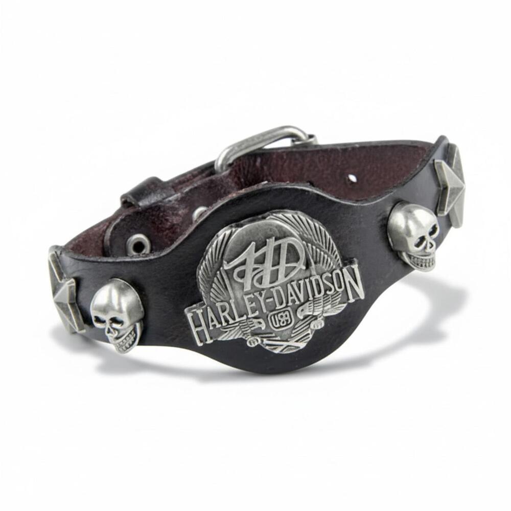 Harley-Davidson Leather Biker Wristband - Skull & Stars Studded Cuff Bracelet